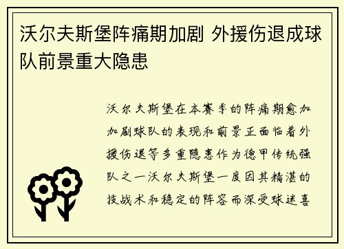 沃尔夫斯堡阵痛期加剧 外援伤退成球队前景重大隐患