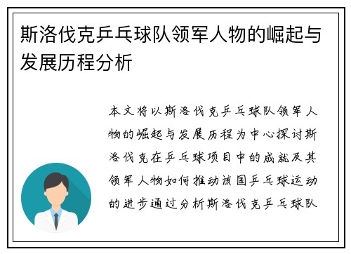 斯洛伐克乒乓球队领军人物的崛起与发展历程分析