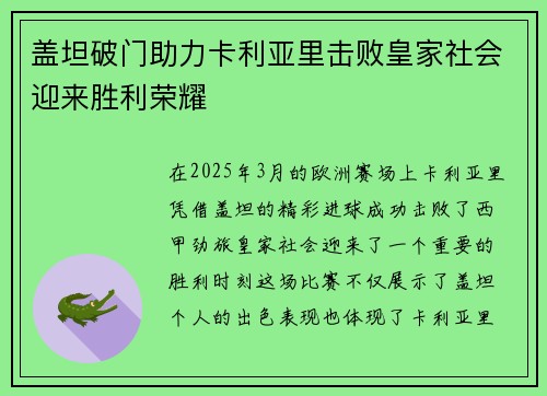 盖坦破门助力卡利亚里击败皇家社会迎来胜利荣耀