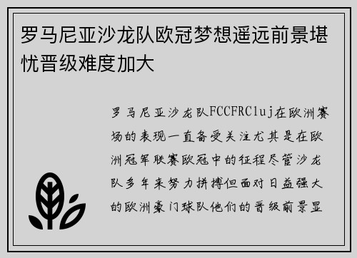罗马尼亚沙龙队欧冠梦想遥远前景堪忧晋级难度加大