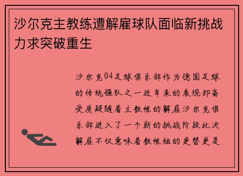 沙尔克主教练遭解雇球队面临新挑战力求突破重生
